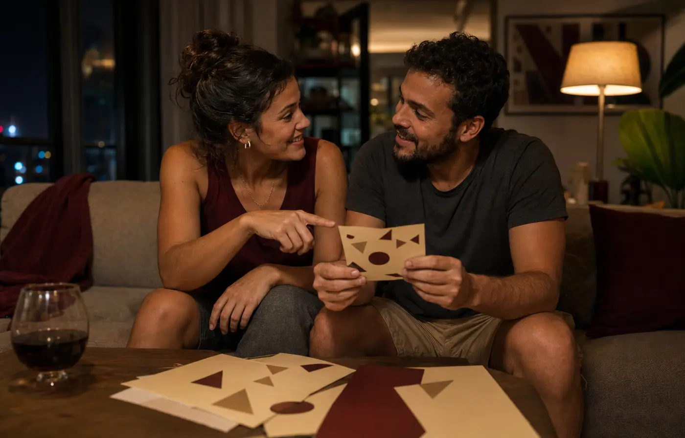 Casal sorrindo enquanto compara uma pista